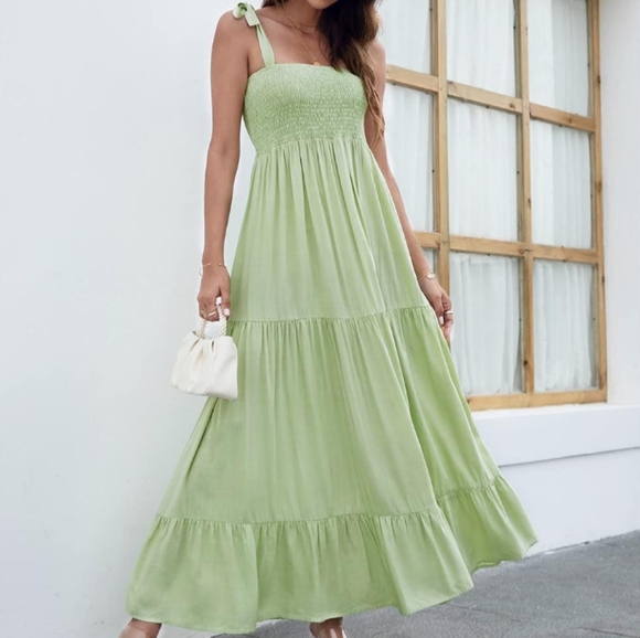 Mint Green Maxi Tiered Boho Dress Shoulder Ties Long Flowy Bohemian Tie Sundress - Picture 4 of 13